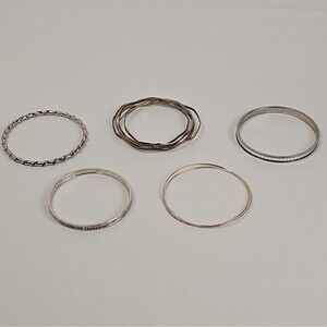 Vintage Lot 9 Silver Tone Bangle Bracelets Mixed Textures Designs